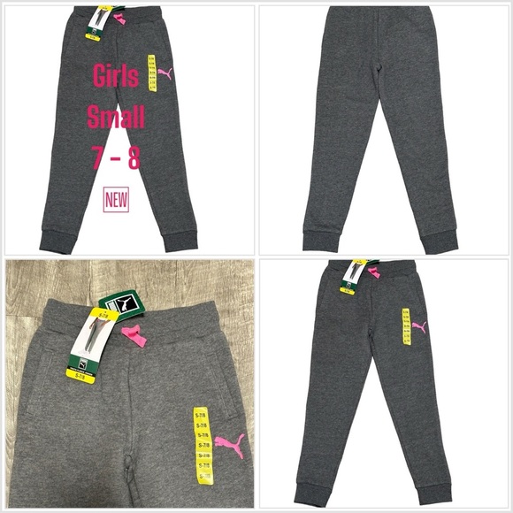 Girls Youth Puma Kids Small 7 - 8 Joggers Pants Sweats Gray Pink Pockets NWT - Picture 1 of 7